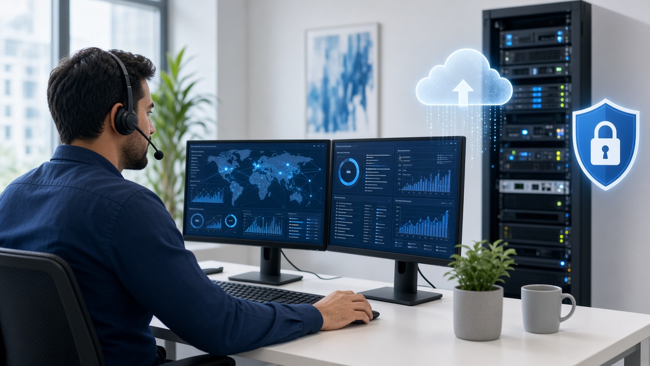Técnico de TI gerenciada monitorando a rede de uma pequena empresa, com backup em nuvem e cibersegurança